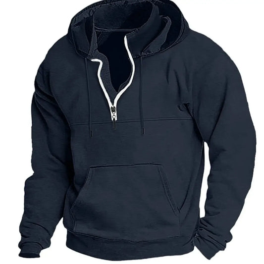 Men Black Hoodie Winter Thickened Zip Neck Sweatshirt