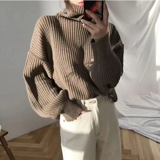 Women Turtleneck Knit Sweater Loose Long Sleeve Cream