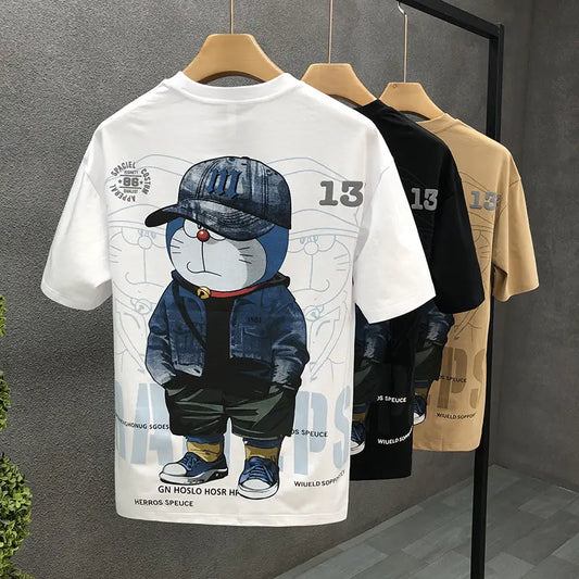 Men Cartoon Printed T-Shirt Summer Khaki Trendy