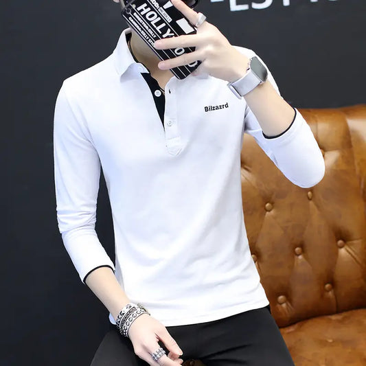 Men Slim Fit Collared T-Shirt White Korean Style
