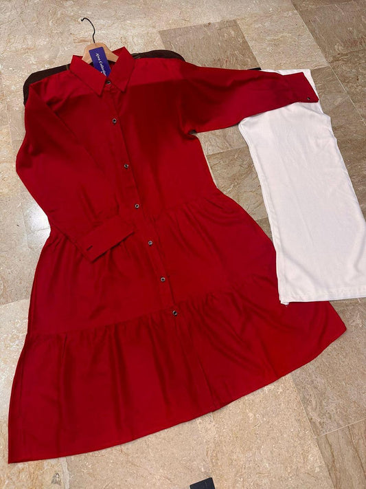 Red Linen Shirt & White Trousers Set for Women