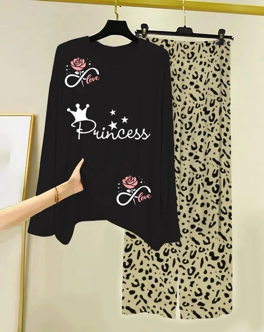 Black Printed Night Suit with Leopard Trousers for Women