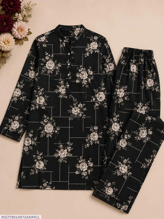 2 Pcs Women's Unstitched 3-D Block Printed Suit