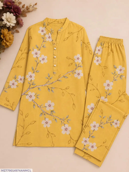 2 Pcs Women's Unstitched 3-D Block Printed Suit