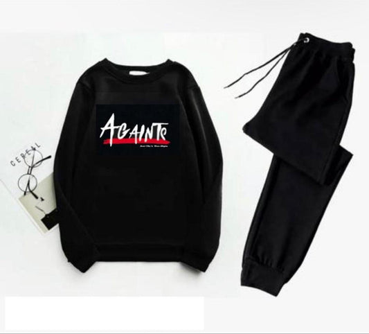 Men Black Printed Track Suit Sweatshirt Trousers XL