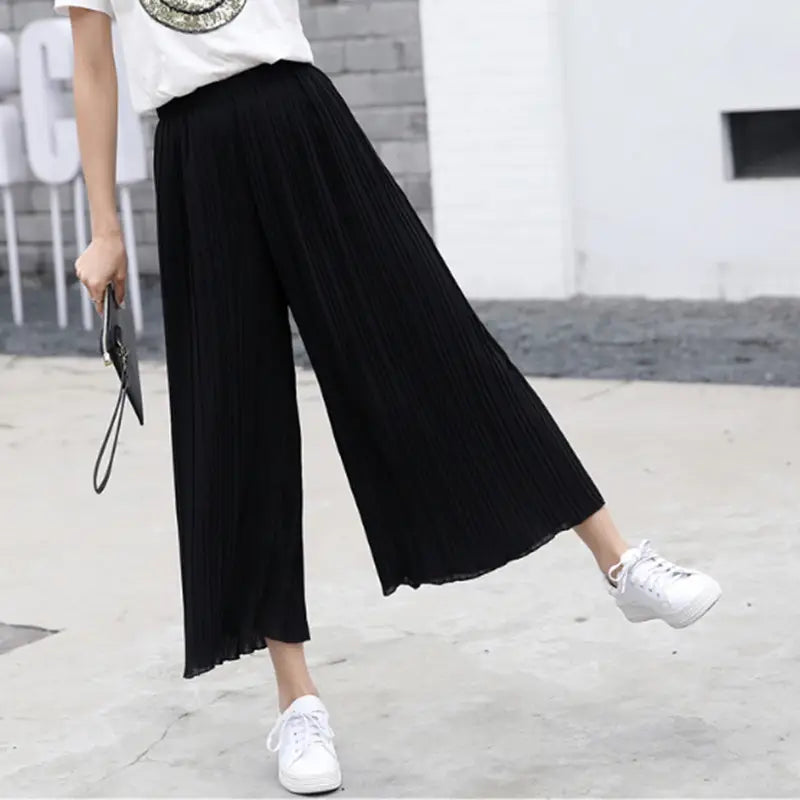 Women Pleated Wide Leg Pants Black Large Spring Casual