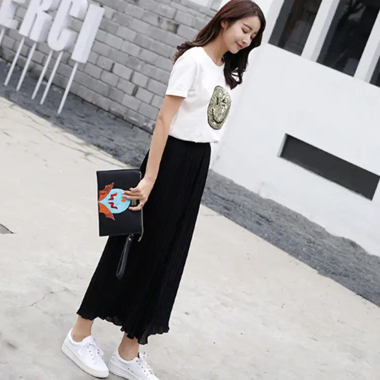 Women Pleated Wide Leg Pants Black Large Spring Casual