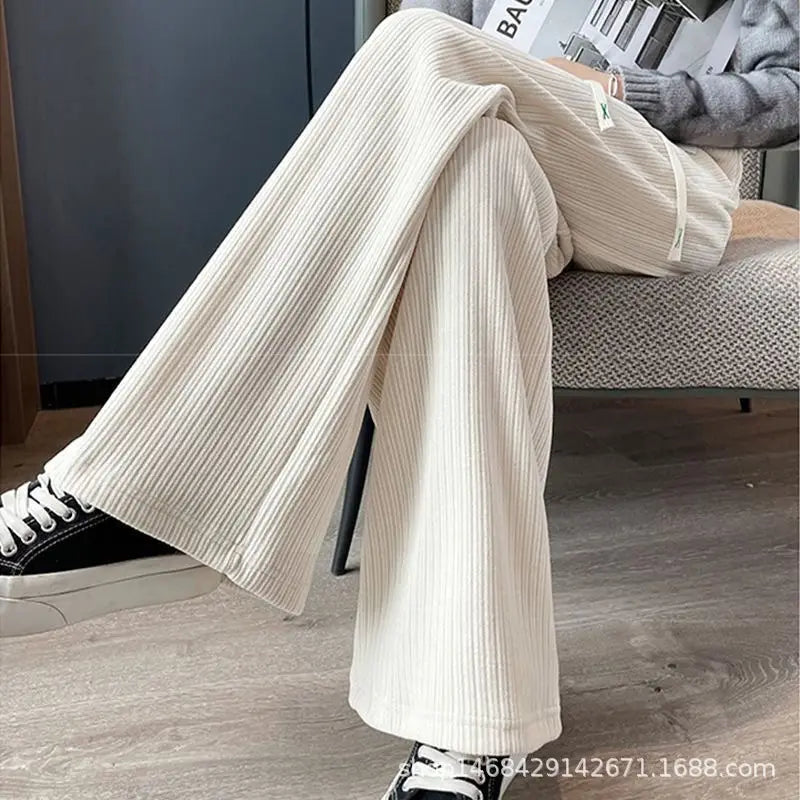 Women Cotton Velvet Wide Leg Pants Black Autumn