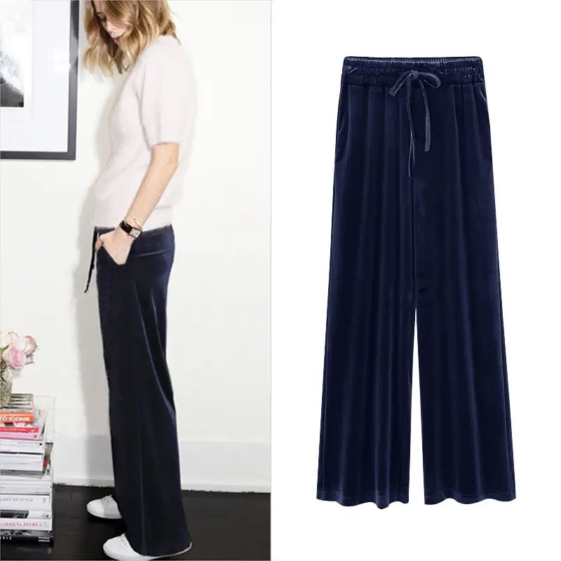 Women Velvet Wide Leg Pants Plus Size High Waisted Casual Black