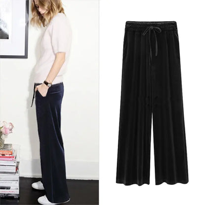 Women Velvet Wide Leg Pants Plus Size High Waisted Casual Black