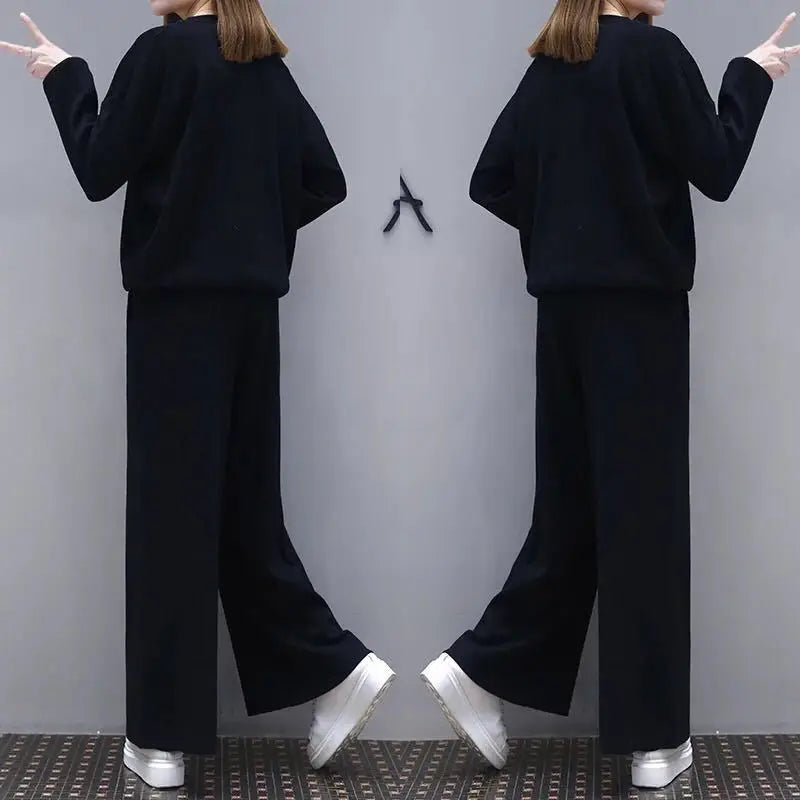 Women Black Wide Leg Pants Set Plus Size Spring Wear