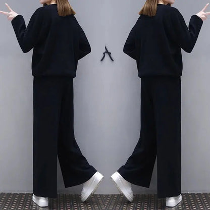 Women Black Wide Leg Pants Set Plus Size Spring Wear