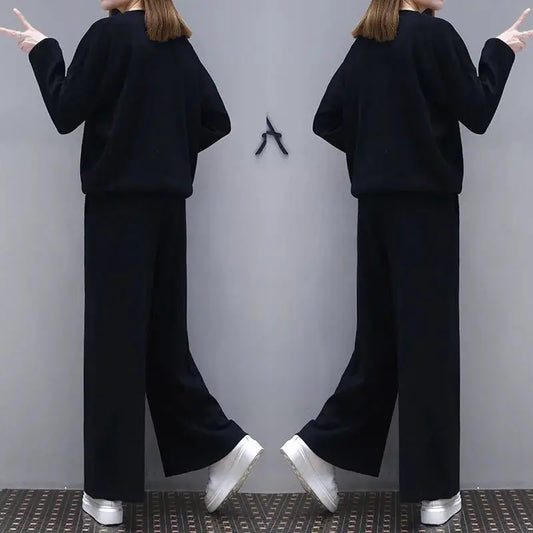 Women Black Wide Leg Pants Set Plus Size Spring Wear