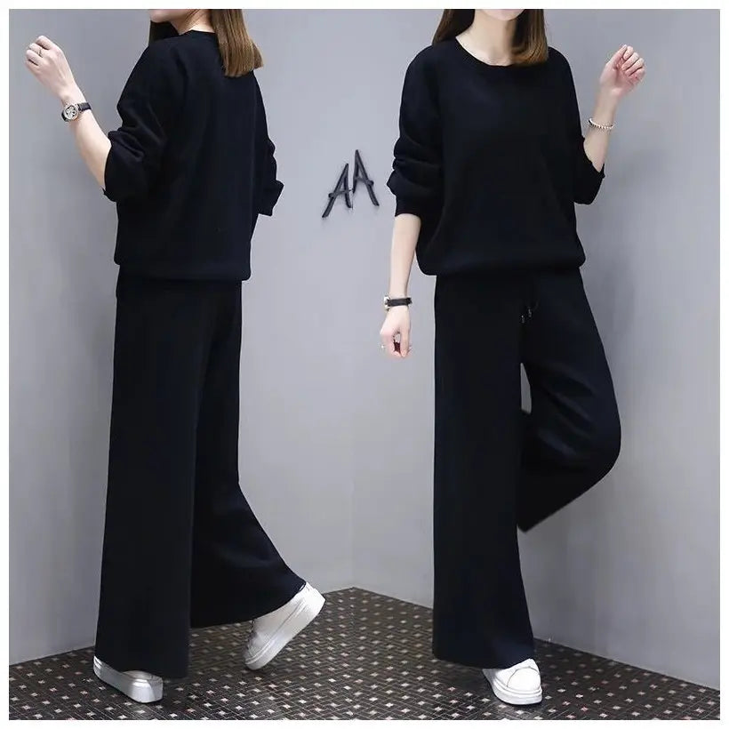 Women Black Wide Leg Pants Set Plus Size Spring Wear