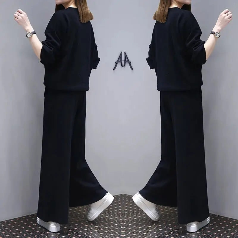 Women Black Wide Leg Pants Set Plus Size Spring Wear