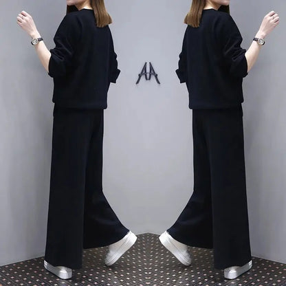 Women Black Wide Leg Pants Set Plus Size Spring Wear