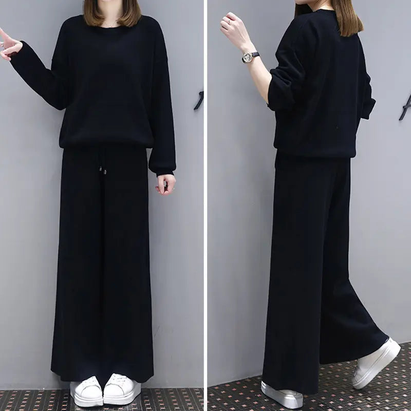 Women Black Wide Leg Pants Set Plus Size Spring Wear