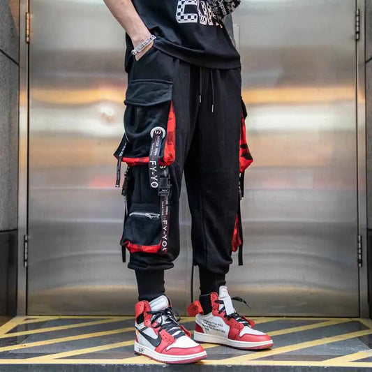 Men Loose Cargo Pants Black Red Multi-Pocket Winter