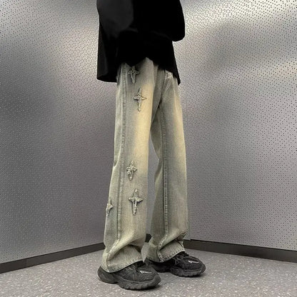 Men Grey Wide Leg Jeans with Cross Embroidery Summer