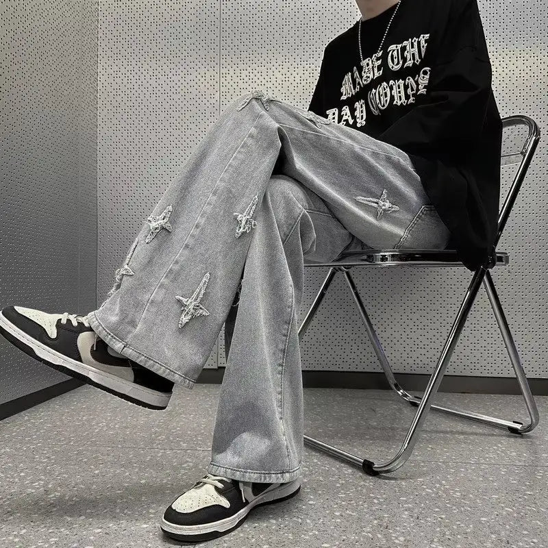 Men Grey Wide Leg Jeans with Cross Embroidery Summer