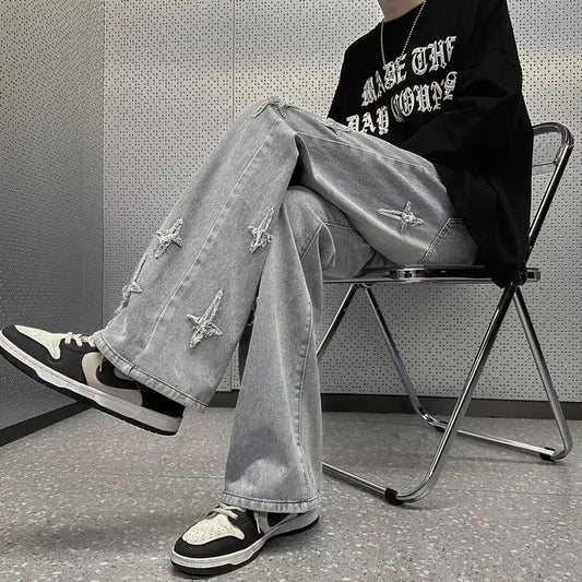 Men Grey Wide Leg Jeans with Cross Embroidery Summer