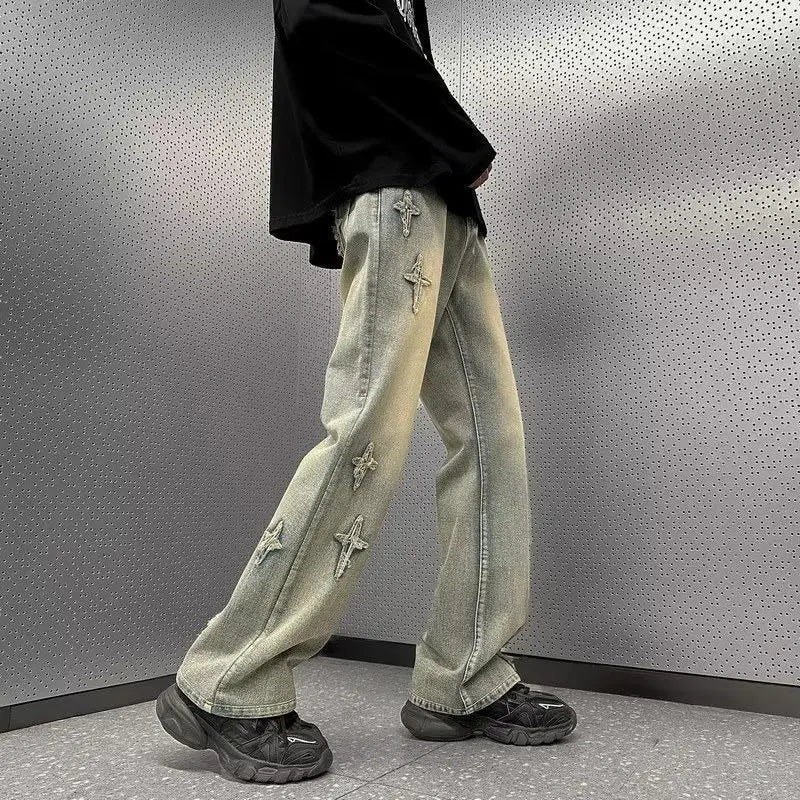Men Grey Wide Leg Jeans with Cross Embroidery Summer