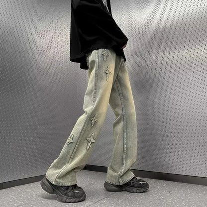 Men Grey Wide Leg Jeans with Cross Embroidery Summer