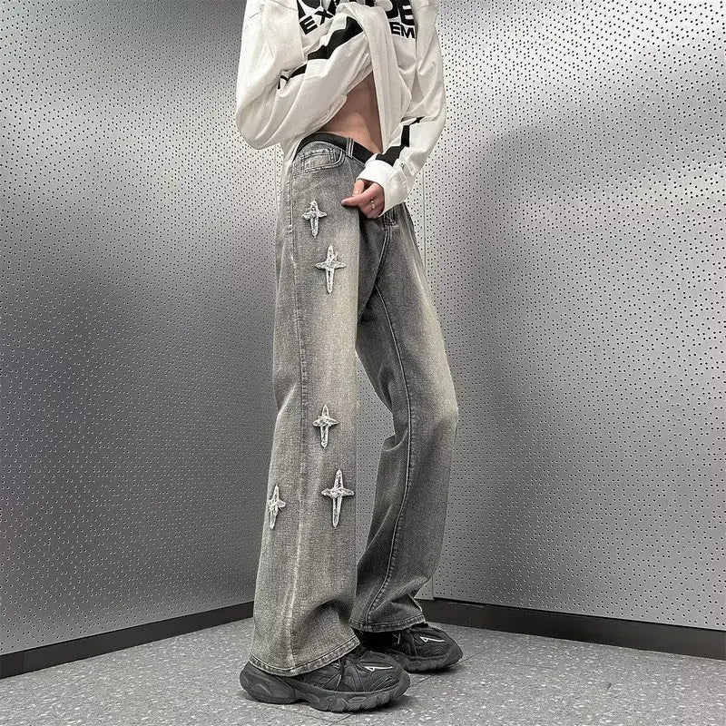 Men Grey Wide Leg Jeans with Cross Embroidery Summer