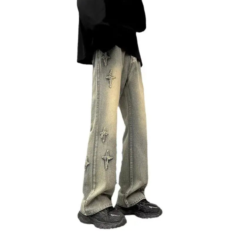 Men Grey Wide Leg Jeans with Cross Embroidery Summer