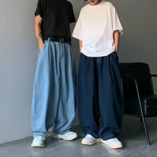Men Loose Wide-leg Denim Trousers Light Blue