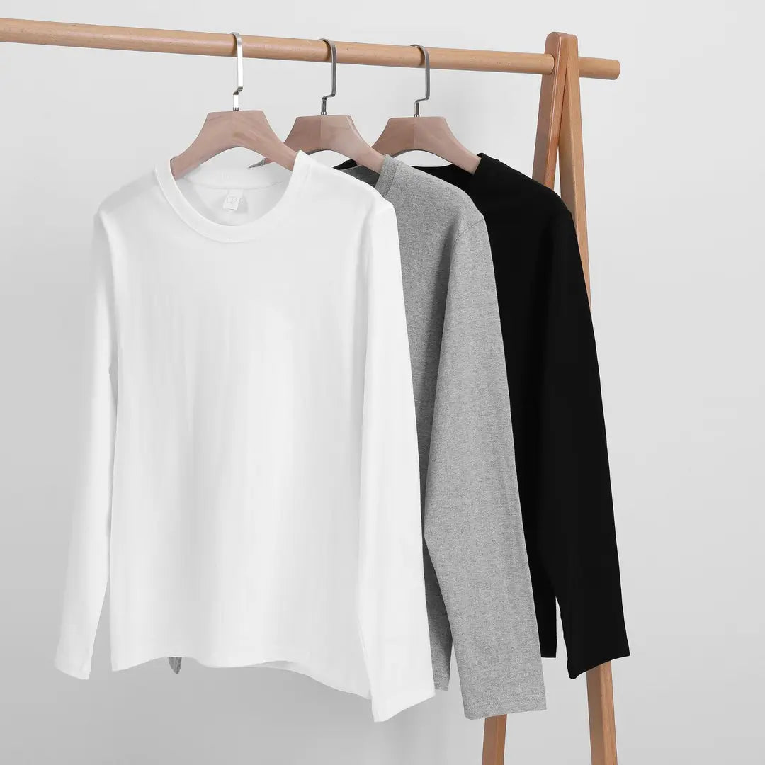 Men Heavy Cotton Long Sleeve T-Shirt White Autumn Winter Loose Fit