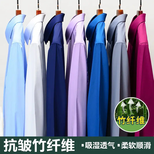 Men Bamboo Fiber Long Sleeve Shirt Anti Wrinkle Formal Casual White