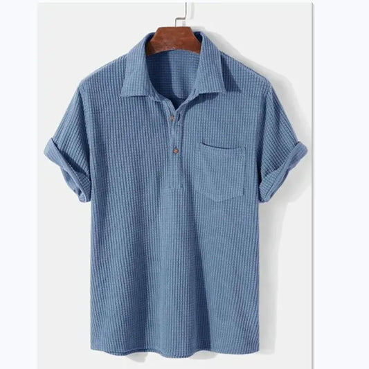 Men Loose Plaid Short Sleeve Shirt Light Blue