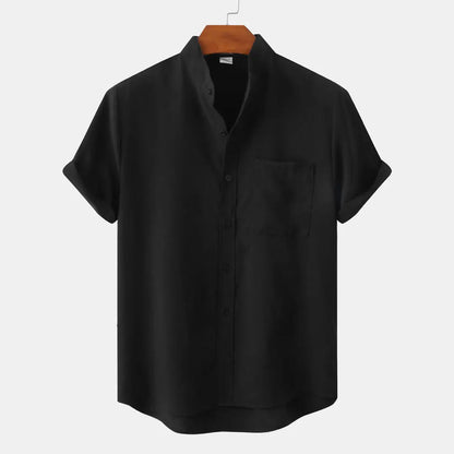 Men Solid Color Cotton Linen Shirt Black Summer