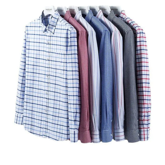 Men Loose Fit Cotton Plaid Long Sleeve Shirts
