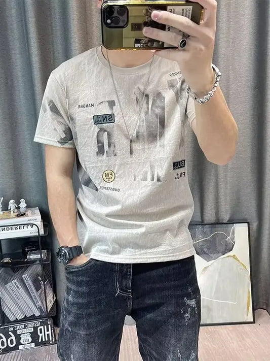 Men Printed Ice Silk T-Shirt Khaki Summer Casual