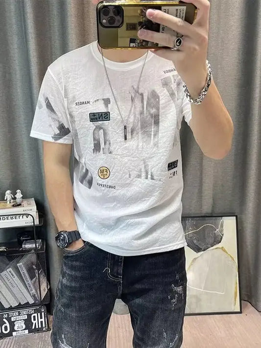 Men Printed Ice Silk T-Shirt Khaki Summer Casual