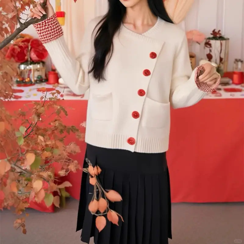 White Knitted Cardigan Coat for Women Winter Korean Style