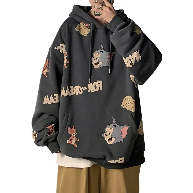 Men Velvet Hoodie Grey Loose Winter School Style