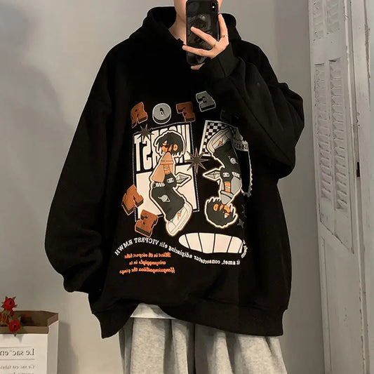 Men Black Velvet Hoodie with Cartoon Print Autumn