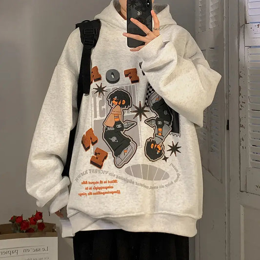 Men Black Velvet Hoodie with Cartoon Print Autumn