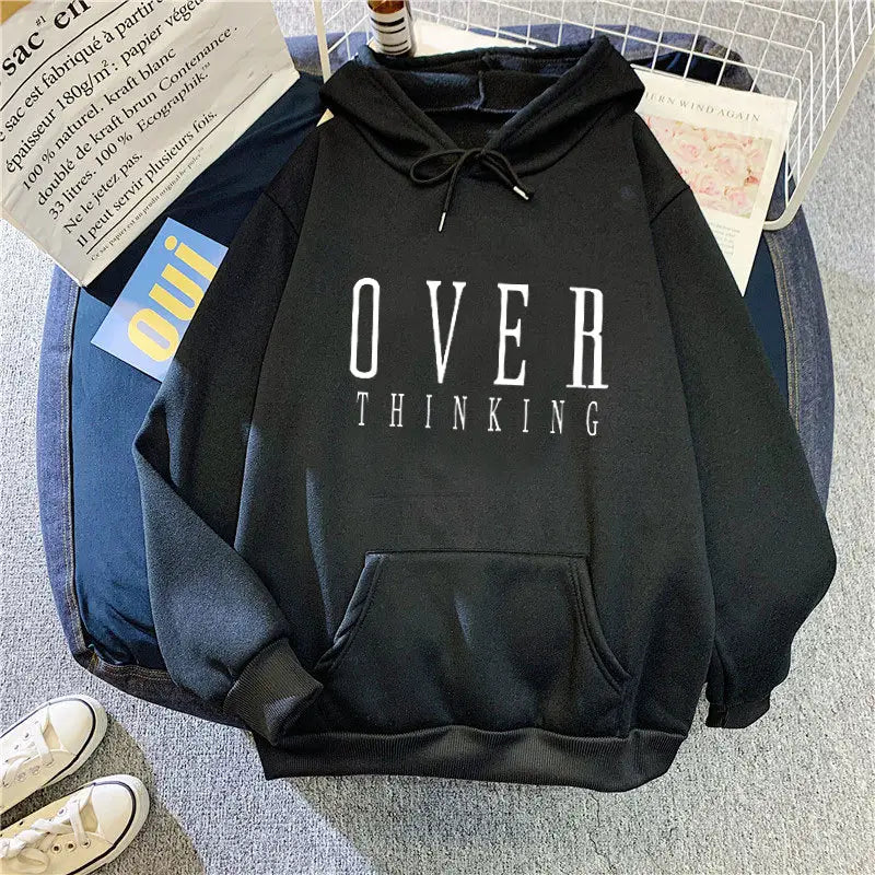 Women Hoodie Overthinking White Fleece Winter Loose Fit
