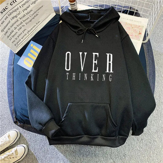Women Hoodie Overthinking White Fleece Winter Loose Fit
