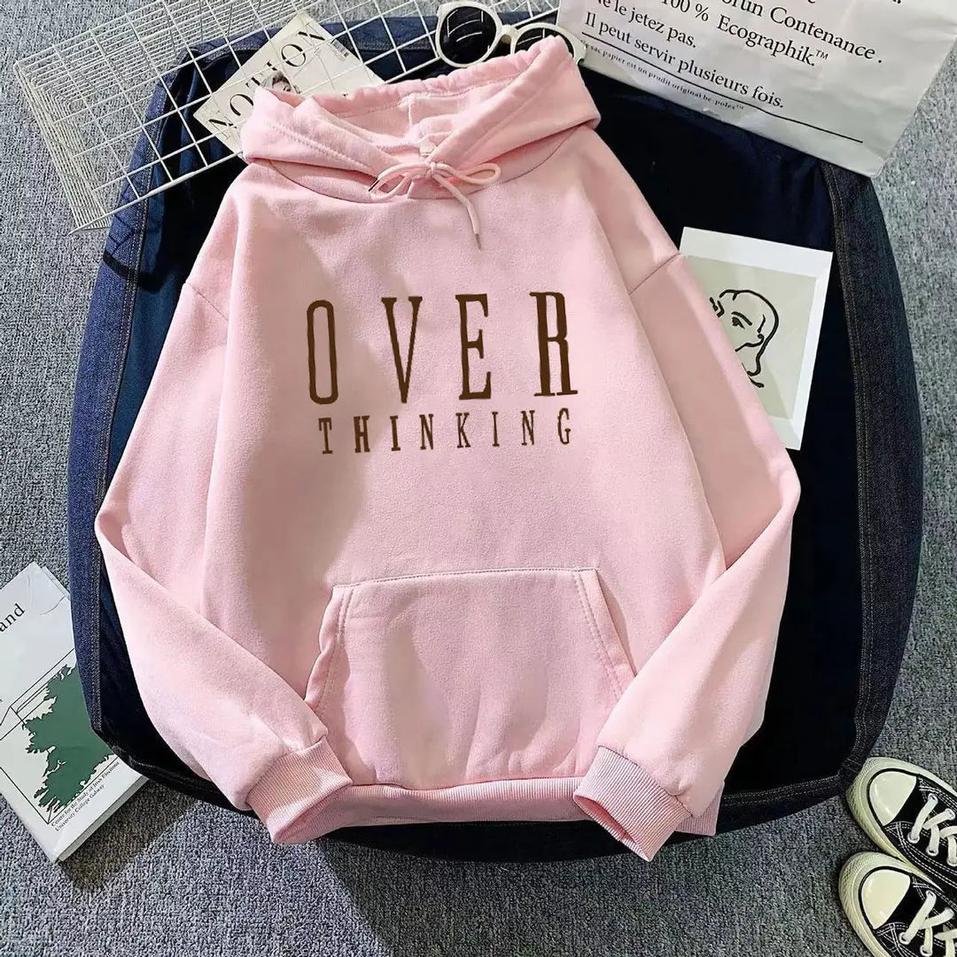 Women Hoodie Overthinking White Fleece Winter Loose Fit