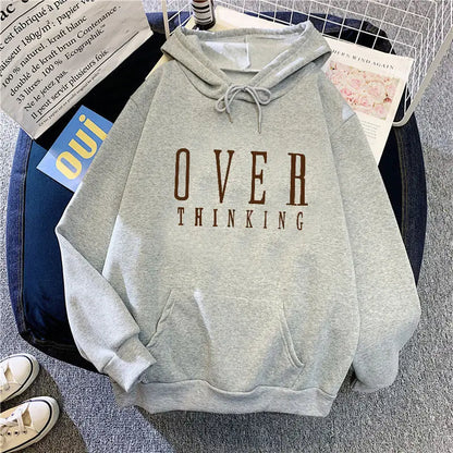 Women Hoodie Overthinking White Fleece Winter Loose Fit