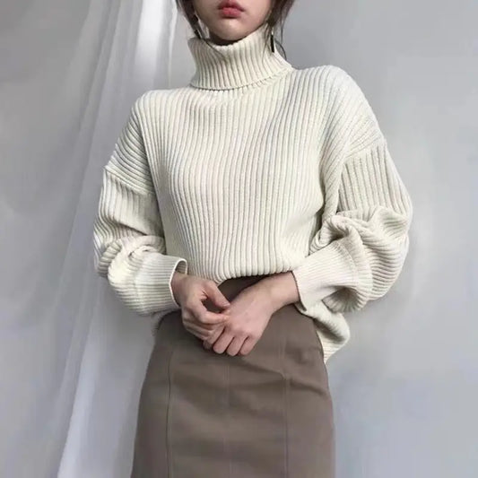 Women Turtleneck Knit Sweater Loose Long Sleeve Cream