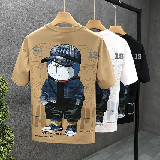 Men Cartoon Printed T-Shirt Summer Khaki Trendy