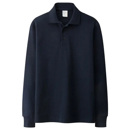 Men's Long Sleeve Cotton Polo Shirt Navy Loose Fit Autumn