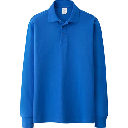 Men's Long Sleeve Cotton Polo Shirt Navy Loose Fit Autumn