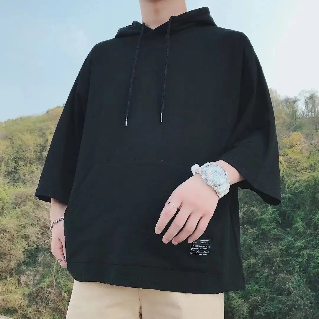 Men Black Loose Hoodie 3/4 Sleeve Summer Plus Size